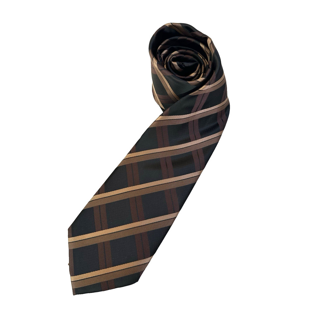Hi-Tie Mens Collection Neck Tie Brown Tan HandMade Silk Plaid Striped Preppy NWT